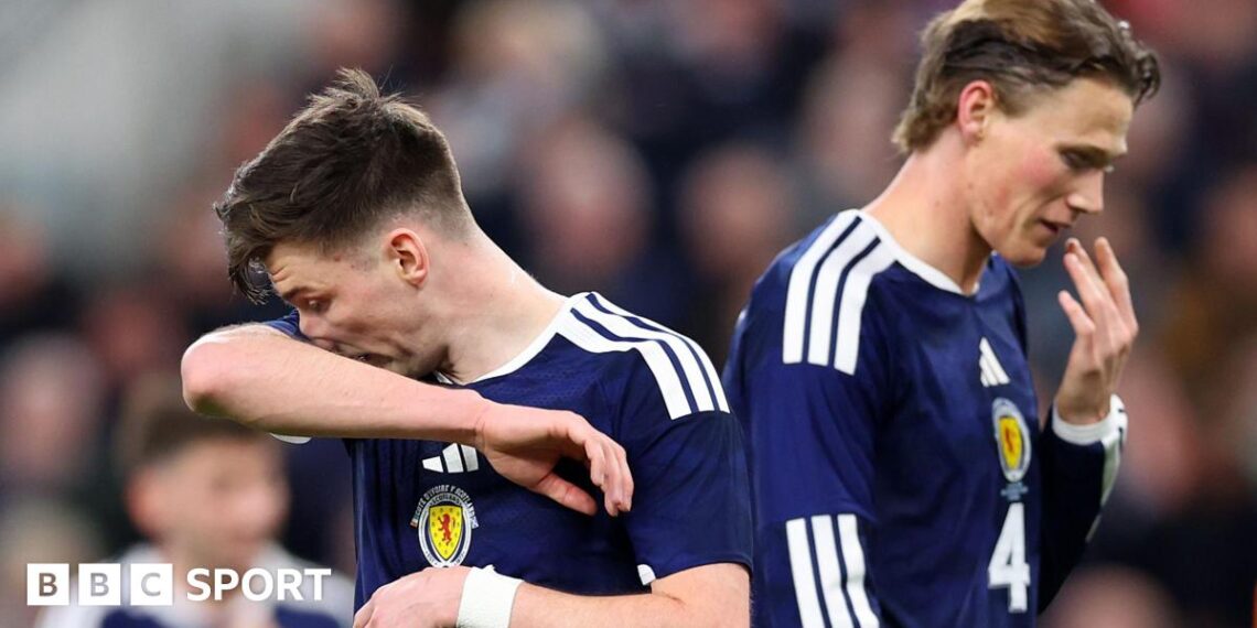 Scotland's Kieran Tierney and Scott McTominay look dejected