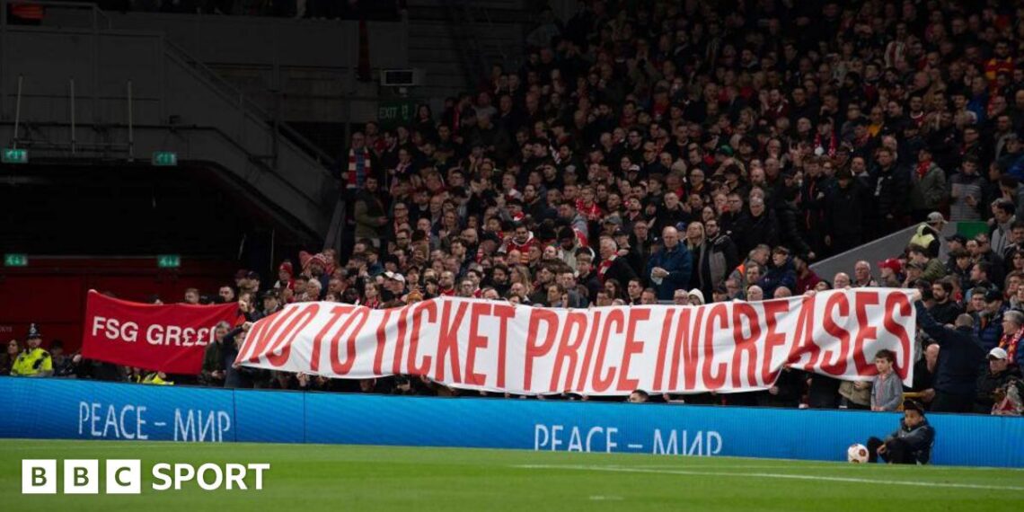 Liverpool hold a banner reading 'No to ticket price increases' on the Kop before kick-off in a Uefa Champions League match