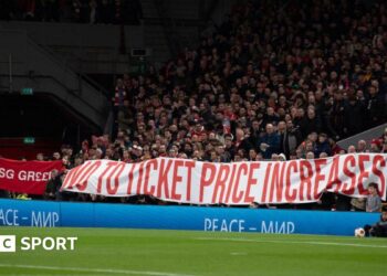 Liverpool hold a banner reading 'No to ticket price increases' on the Kop before kick-off in a Uefa Champions League match