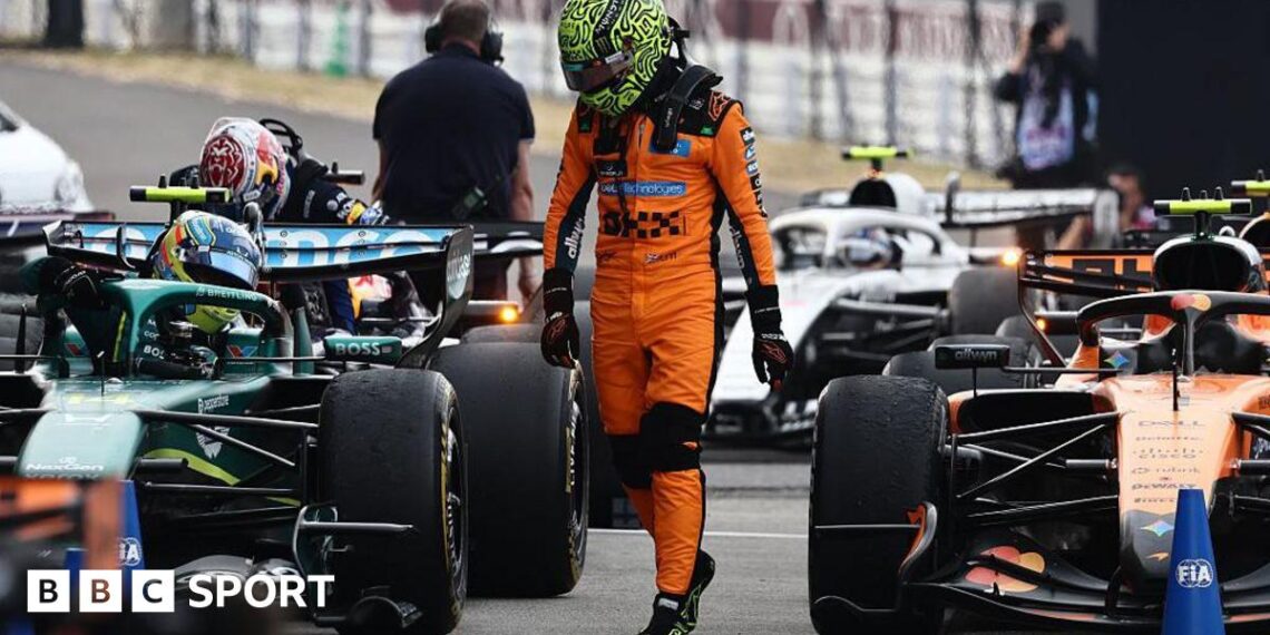 Lando Norris walks past a line of cars after the Japanese Grand Prix