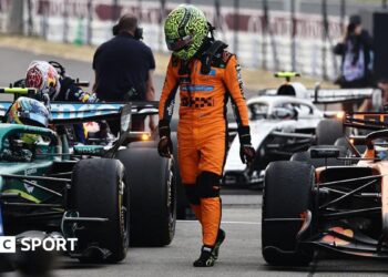 Lando Norris walks past a line of cars after the Japanese Grand Prix