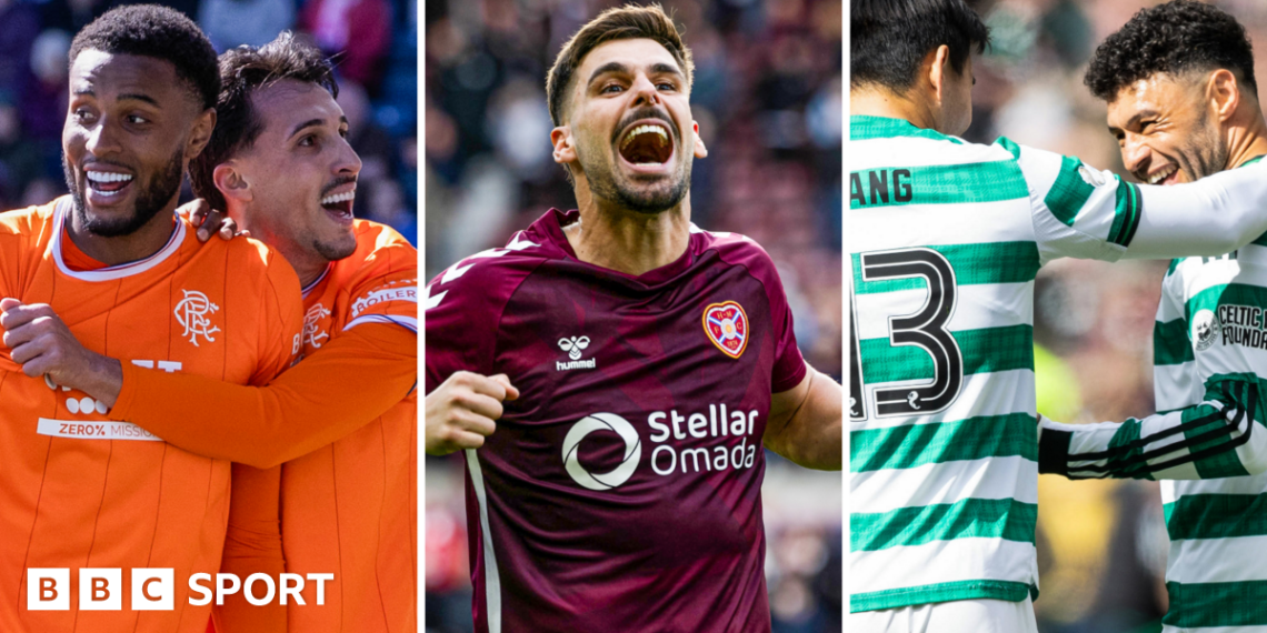 Rangers' Youssef Chermiti and Bojan Miovski, Hearts' Claudio Braga and Celtic's Alex Oxlade-Chamberlain celebrate