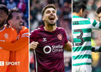 Rangers' Youssef Chermiti and Bojan Miovski, Hearts' Claudio Braga and Celtic's Alex Oxlade-Chamberlain celebrate