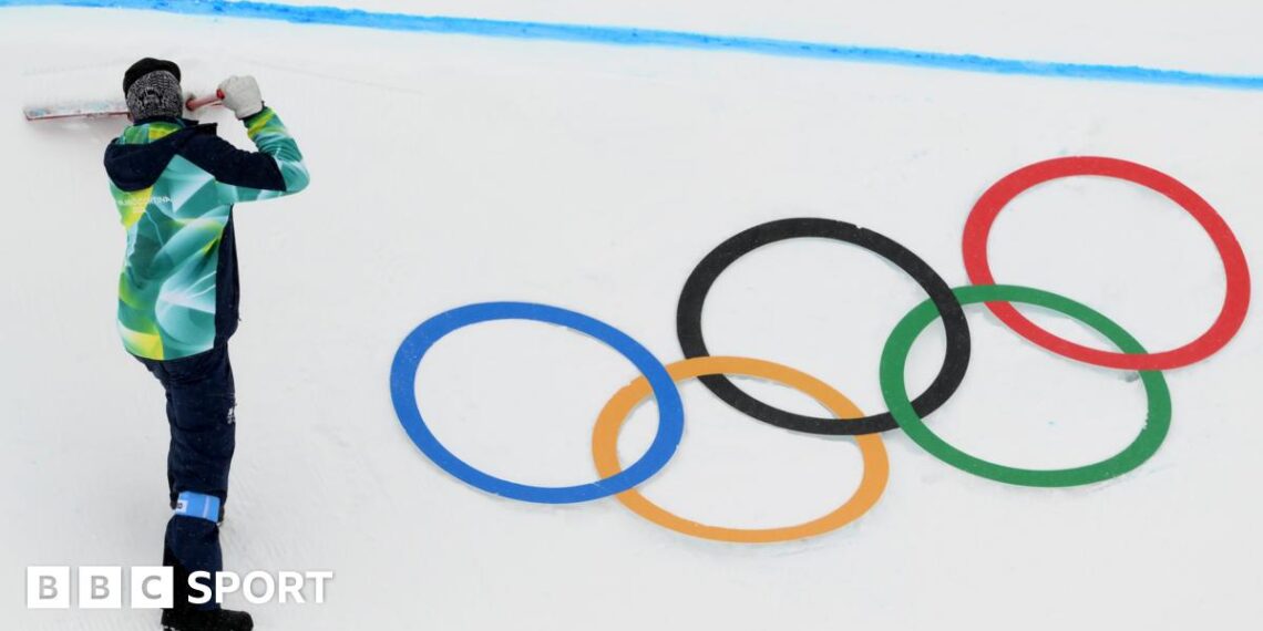 The Olympic rings in the figure skating arena during the Milan-Cortina Winter Games