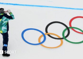 The Olympic rings in the figure skating arena during the Milan-Cortina Winter Games