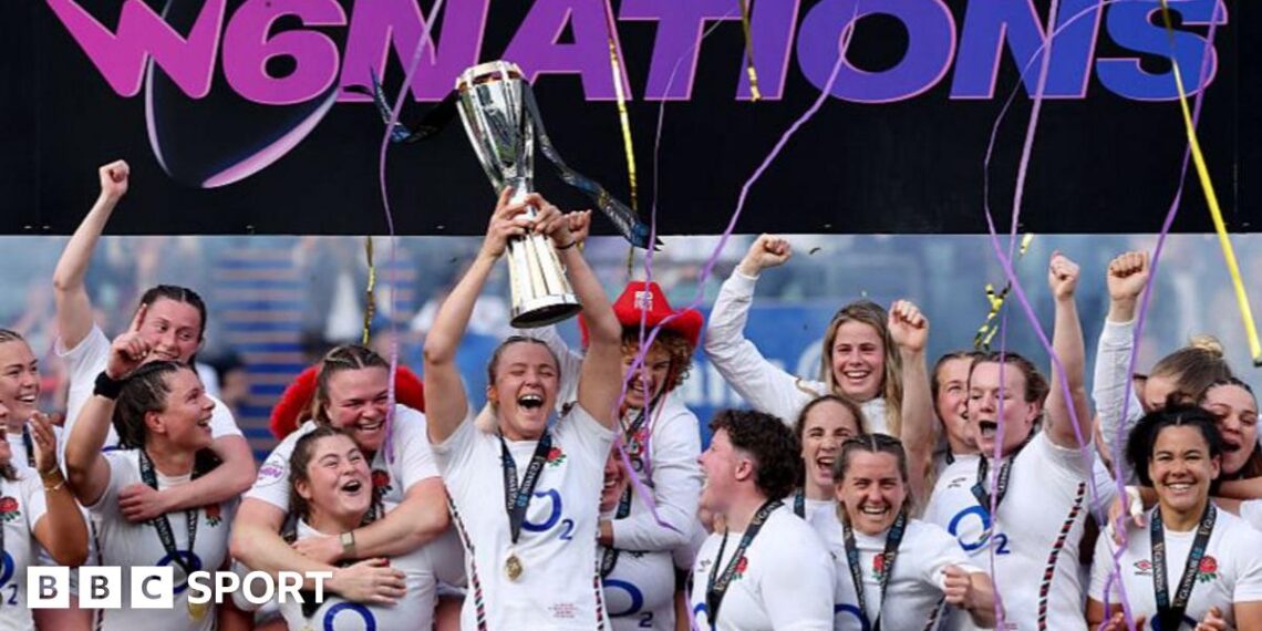 (L-R) Rachel Malcolm, captain of Scotland, Erin King, captain of Ireland, Manae Feleu, captain of France, Meg Jones, captain of England, Kate Williams, co-captain of Wales and Silvia Turani of Italy pose for a photo with the trophy during the Women's Six Nations launch at Guinness Open Gate Brewery in London