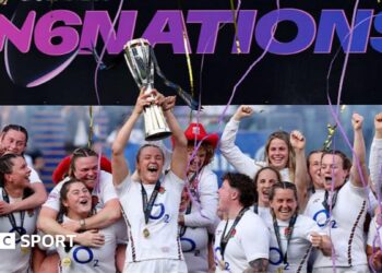 (L-R) Rachel Malcolm, captain of Scotland, Erin King, captain of Ireland, Manae Feleu, captain of France, Meg Jones, captain of England, Kate Williams, co-captain of Wales and Silvia Turani of Italy pose for a photo with the trophy during the Women's Six Nations launch at Guinness Open Gate Brewery in London