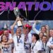 (L-R) Rachel Malcolm, captain of Scotland, Erin King, captain of Ireland, Manae Feleu, captain of France, Meg Jones, captain of England, Kate Williams, co-captain of Wales and Silvia Turani of Italy pose for a photo with the trophy during the Women's Six Nations launch at Guinness Open Gate Brewery in London