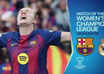 Barcelona's Caroline Graham Hansen celebrates goal with arms open wide and mouth open