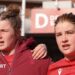 Kate Williams and Bethan Lewis in a team huddle