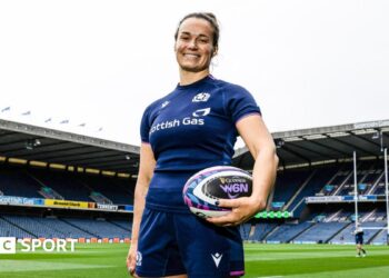 Scotland captain Rachel Malcolm poses for photos at Murrayfield