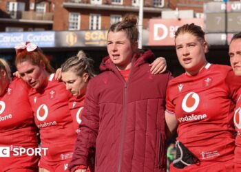 Kate Williams of Wales speaks to the players at the end of the match