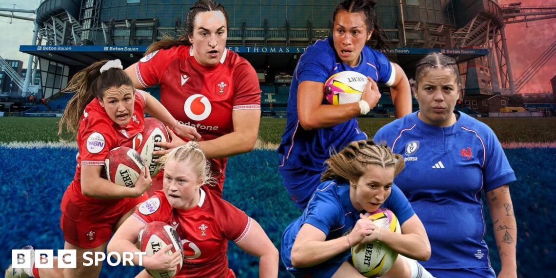 Kayleigh Powell, Seren Lockwood and Courtney Keight of Wales and Manae Feleu, Pauline Bourdon Sansus and Assia Khalfaoui of France