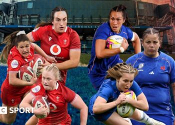 Kayleigh Powell, Seren Lockwood and Courtney Keight of Wales and Manae Feleu, Pauline Bourdon Sansus and Assia Khalfaoui of France