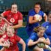 Kayleigh Powell, Seren Lockwood and Courtney Keight of Wales and Manae Feleu, Pauline Bourdon Sansus and Assia Khalfaoui of France