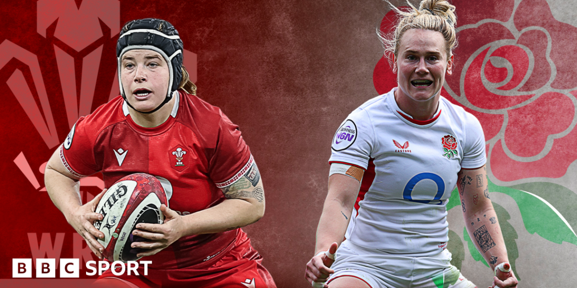Bethan Lewis in the red of Wales holding a ball and Meg Jones in the white of England, with Wales and England graphics as a background