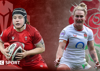 Bethan Lewis in the red of Wales holding a ball and Meg Jones in the white of England, with Wales and England graphics as a background