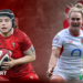 Bethan Lewis in the red of Wales holding a ball and Meg Jones in the white of England, with Wales and England graphics as a background