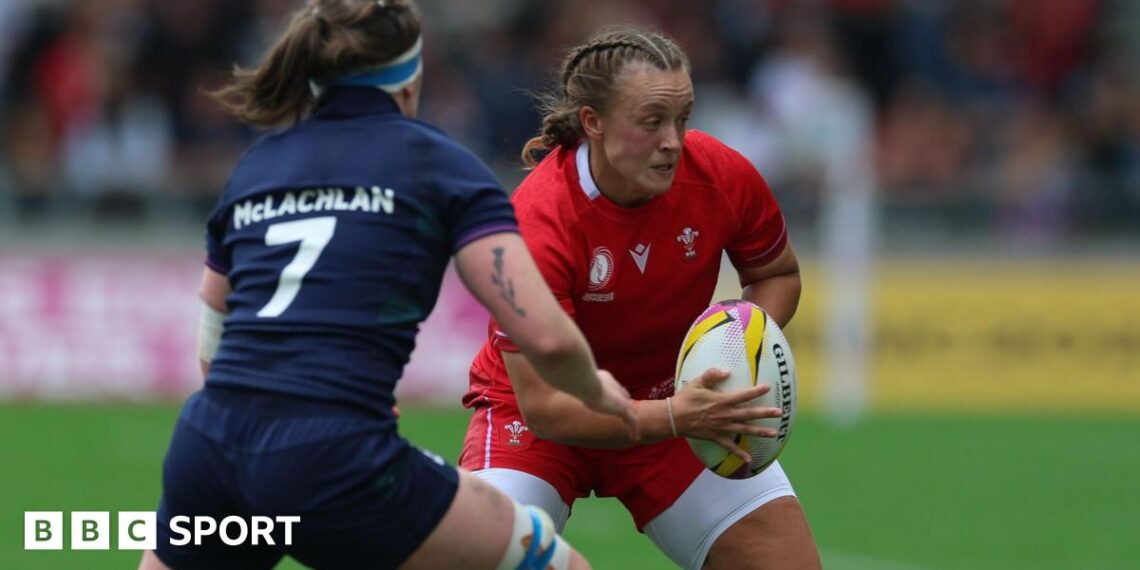 Lleucu George in action for Wales against Scotland at the 2025 Rugby World Cup