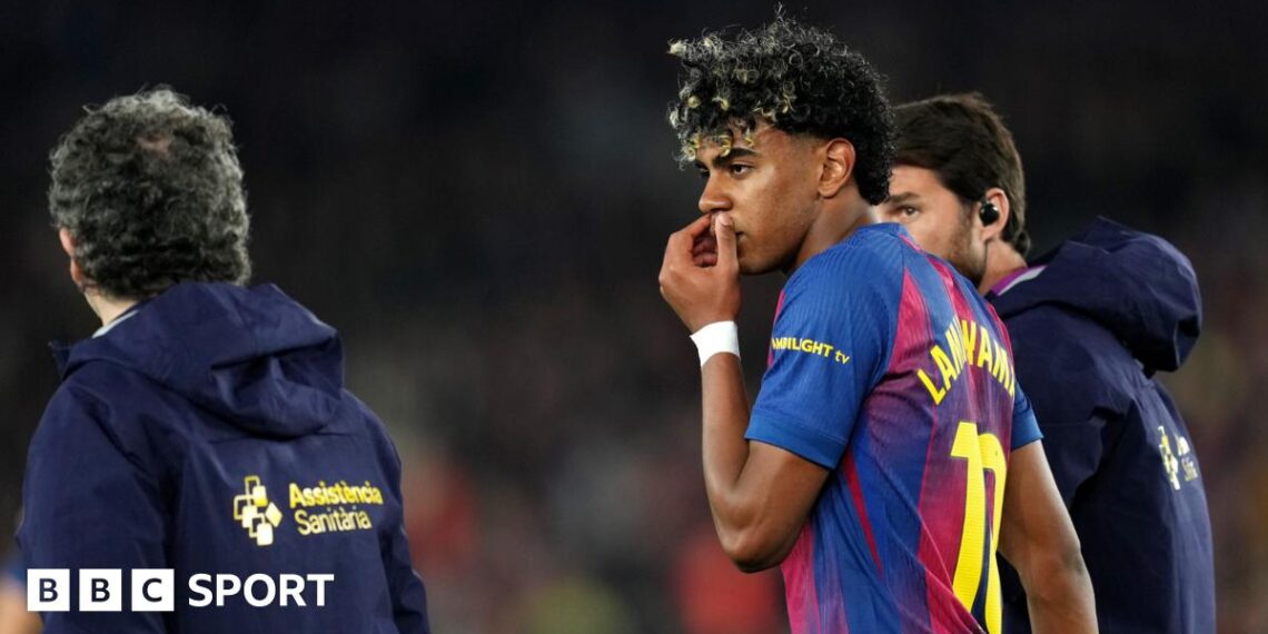Lamine Yamal of FC Barcelona scores the team's first goal from penalty spot during the LaLiga match between FC Barcelona and RC Celta de Vigo at Spotify Camp Nou on April 22, 2026 in Barcelona, Spain.
