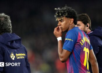 Lamine Yamal of FC Barcelona scores the team's first goal from penalty spot during the LaLiga match between FC Barcelona and RC Celta de Vigo at Spotify Camp Nou on April 22, 2026 in Barcelona, Spain.