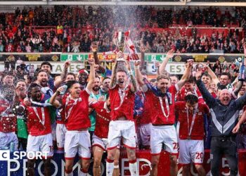 Wrexham's players celebrate promotion to the Championship in 2025