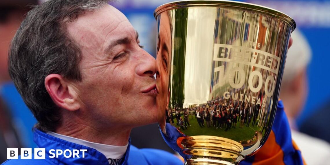 Wayne Lordan kisses the 1,000 Guineas trophy