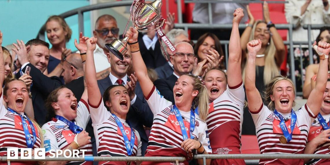 Wigan Warriors celebrate against St Helens in the 2026 Women's Challenge Cup final at Wembley