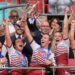 Wigan Warriors celebrate against St Helens in the 2026 Women's Challenge Cup final at Wembley