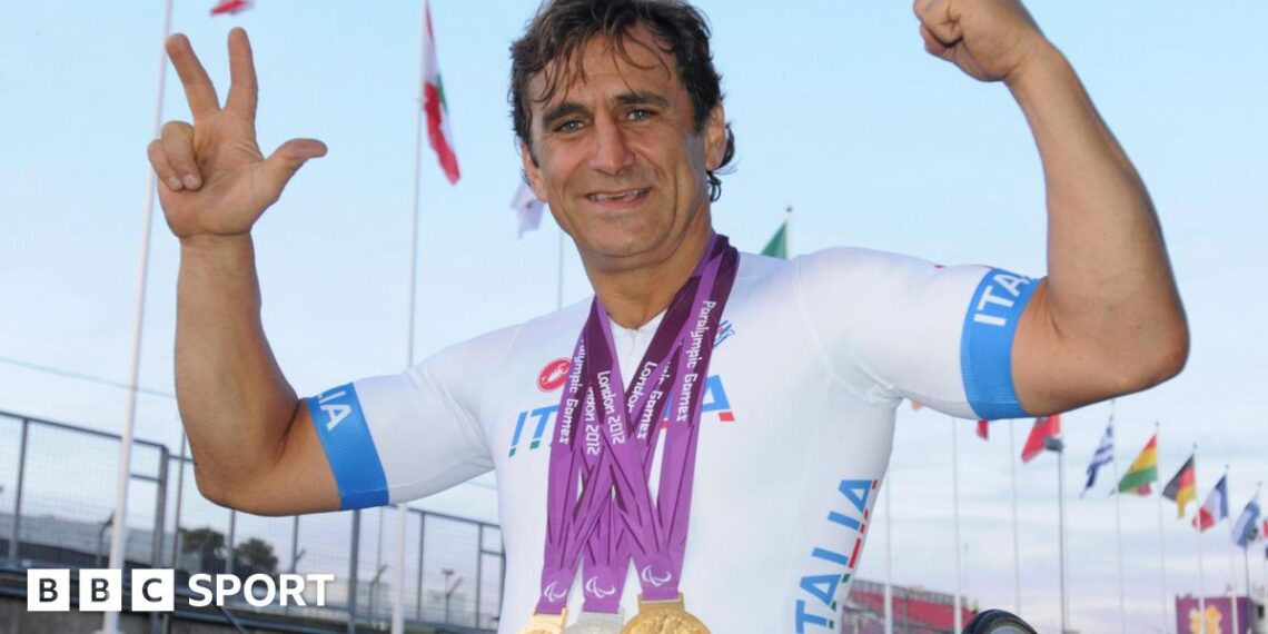 Alex Zanardi celebrates after winning a silver medal in the Team Relay event at the 2012 Paralympic Games. He also won two golds