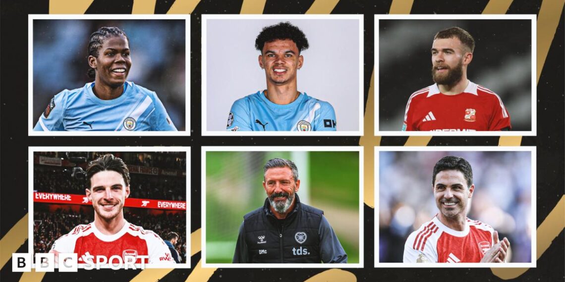 A composition image featuring Khadija 'Bunny' Shaw, Nico O'Reilly, Aaron Drinan, Declan Rice, Derek McInnes, and Mikel Arteta