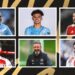 A composition image featuring Khadija 'Bunny' Shaw, Nico O'Reilly, Aaron Drinan, Declan Rice, Derek McInnes, and Mikel Arteta