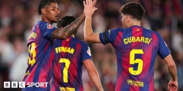 Marcus Rashford celebrates a goal for Barcelona