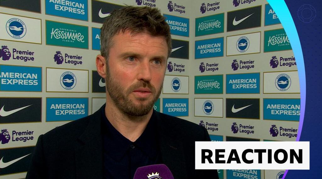 Michael Carrick reacts to Manchester United's win against Brighton in a post-match interview with BBC Sport.