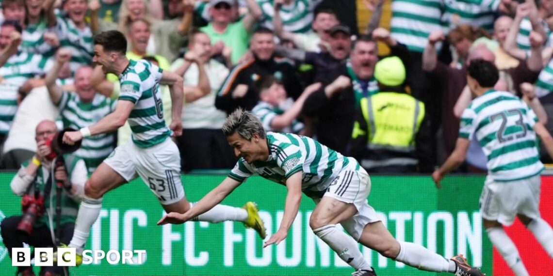 Daizen Maeda scored twice as Celtic beat Rangers to move within a point of Hearts