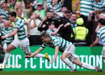 Daizen Maeda scored twice as Celtic beat Rangers to move within a point of Hearts