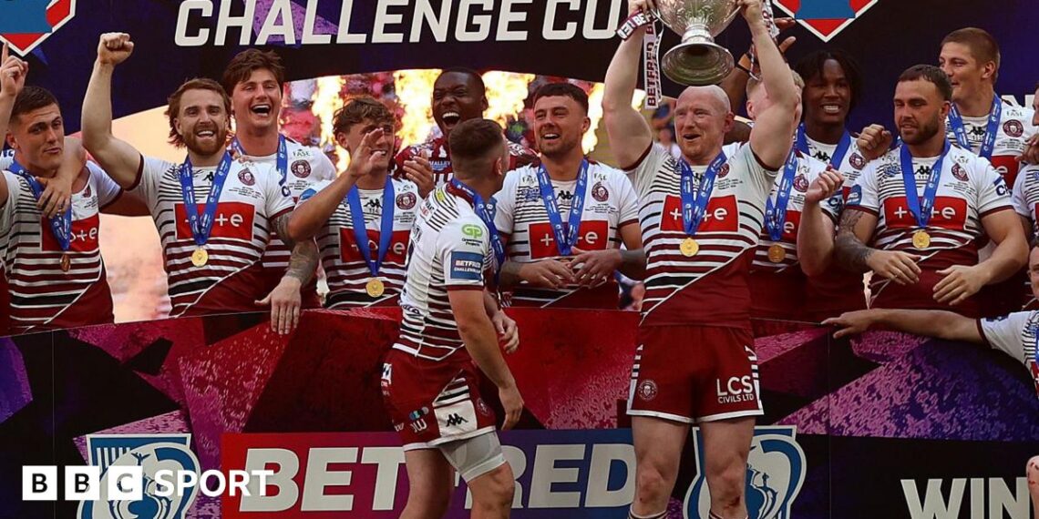 Bevan French celebrates his try for Wigan Warriors in the 2026 Challenge Cup final at Wembley Stadium