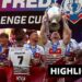 Liam Farrell lifts the Challenge Cup trophy with Wigan Warriors teammates after beating Hull KR in the final.