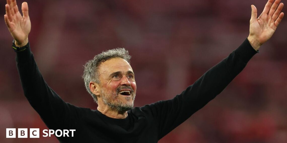 Paris St -Germain manager Luis Enrique celebrates after his side reached the 2026 Champions League final