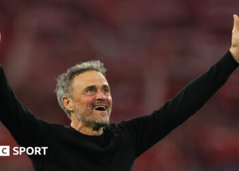 Paris St -Germain manager Luis Enrique celebrates after his side reached the 2026 Champions League final