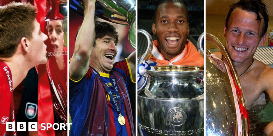 Graphic showing Messi, Sheringham, Gerrard and Drogba