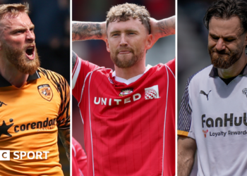 Split image of Hull's Oli McBurnie, Wrexham's Dan Scarr and Derby's Ben Brereton Diaz