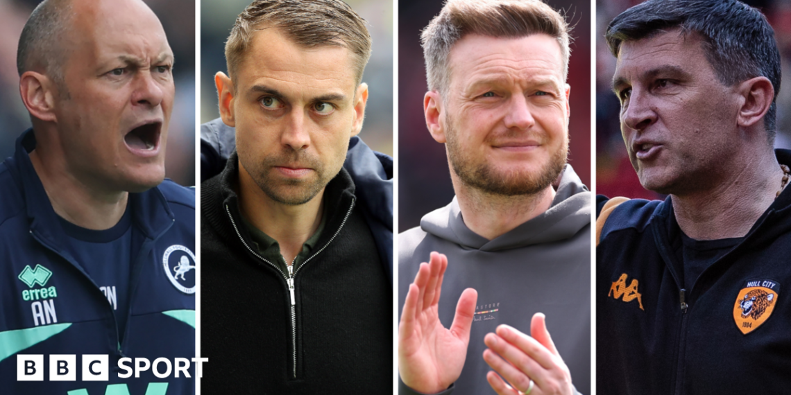 Alex Neil, wearing a navy blue Millwall jacket, with his mouth open shouting. Tonda Eckert, wearing a black jacket, looks straight-faced. Kim Hellberg, wearing a grey hoodie, claps his hands together. Sergej Jakirovic wearing a black Hull City tracksuit top.