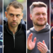 Alex Neil, wearing a navy blue Millwall jacket, with his mouth open shouting. Tonda Eckert, wearing a black jacket, looks straight-faced. Kim Hellberg, wearing a grey hoodie, claps his hands together. Sergej Jakirovic wearing a black Hull City tracksuit top.