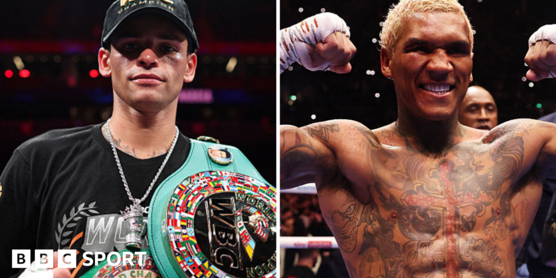 A split picture of Ryan Garcia (wearing a black T-shirt and cap, with the WBC welterweight title over his shoulder) and a shirtless Conor Benn celebrating