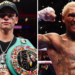 A split picture of Ryan Garcia (wearing a black T-shirt and cap, with the WBC welterweight title over his shoulder) and a shirtless Conor Benn celebrating