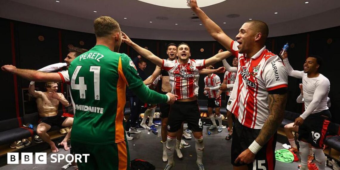 Taylor Harwood-Bellis and his Southampton teammates celebrate in the dressing room after the Championship play-off semi-final win over Middlesbrough