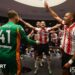Taylor Harwood-Bellis and his Southampton teammates celebrate in the dressing room after the Championship play-off semi-final win over Middlesbrough