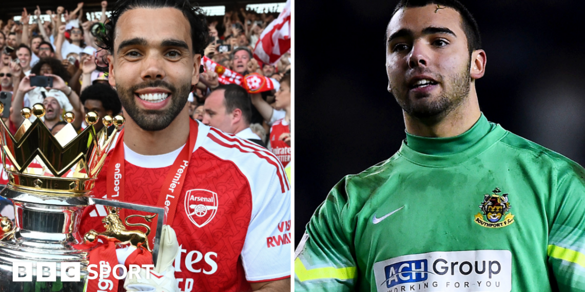 Split image: David Raya holding the Premier League and David Raya playing for Southport