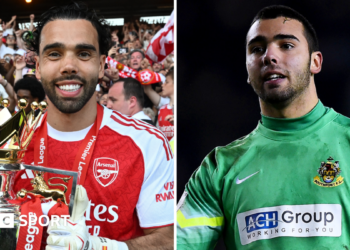 Split image: David Raya holding the Premier League and David Raya playing for Southport